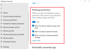 الخياران في ميزة Enhanced Phishing Protection