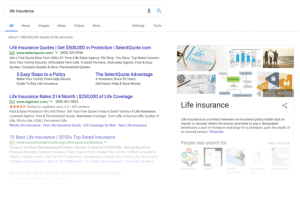 صفحة نتائج البحث الأولى لكلمة life insurance